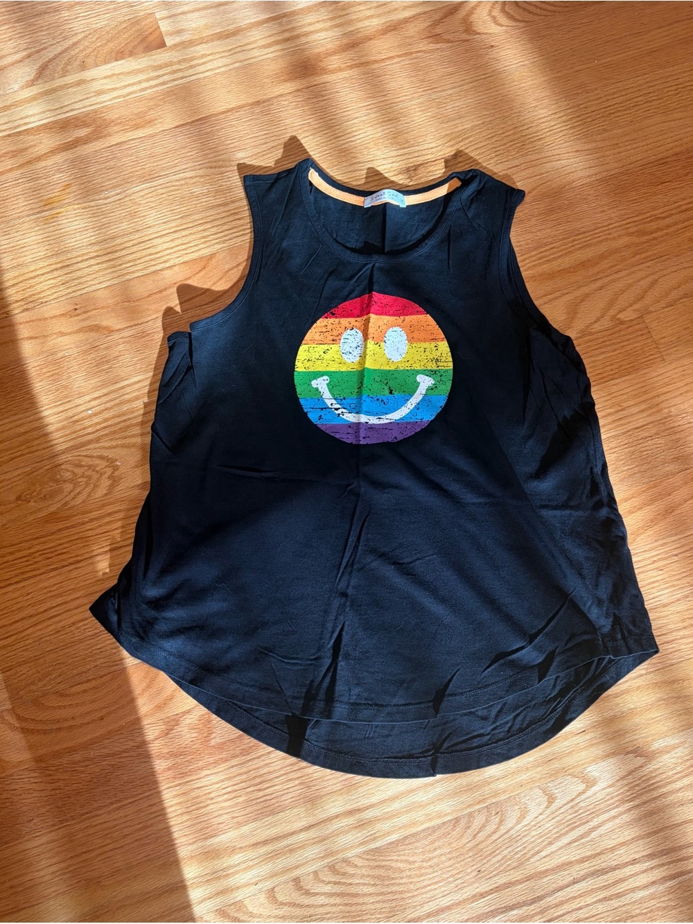 Black Tank Top with Rainbow Smiley Graphic